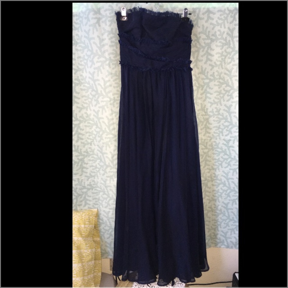 Full length navy strapless bridesmaid dress